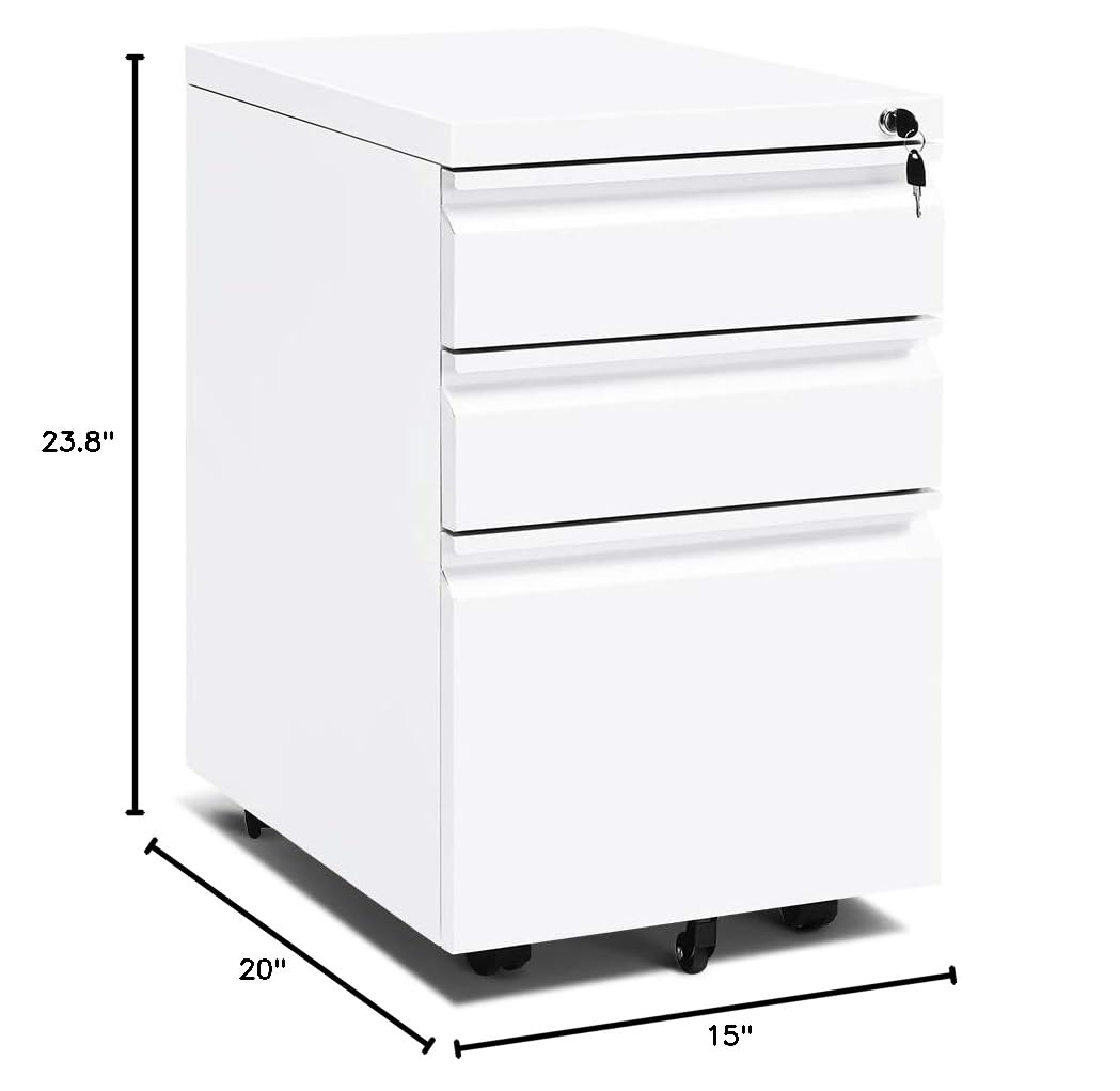 White 3 Drawer Filing Cabinet with Lock J950