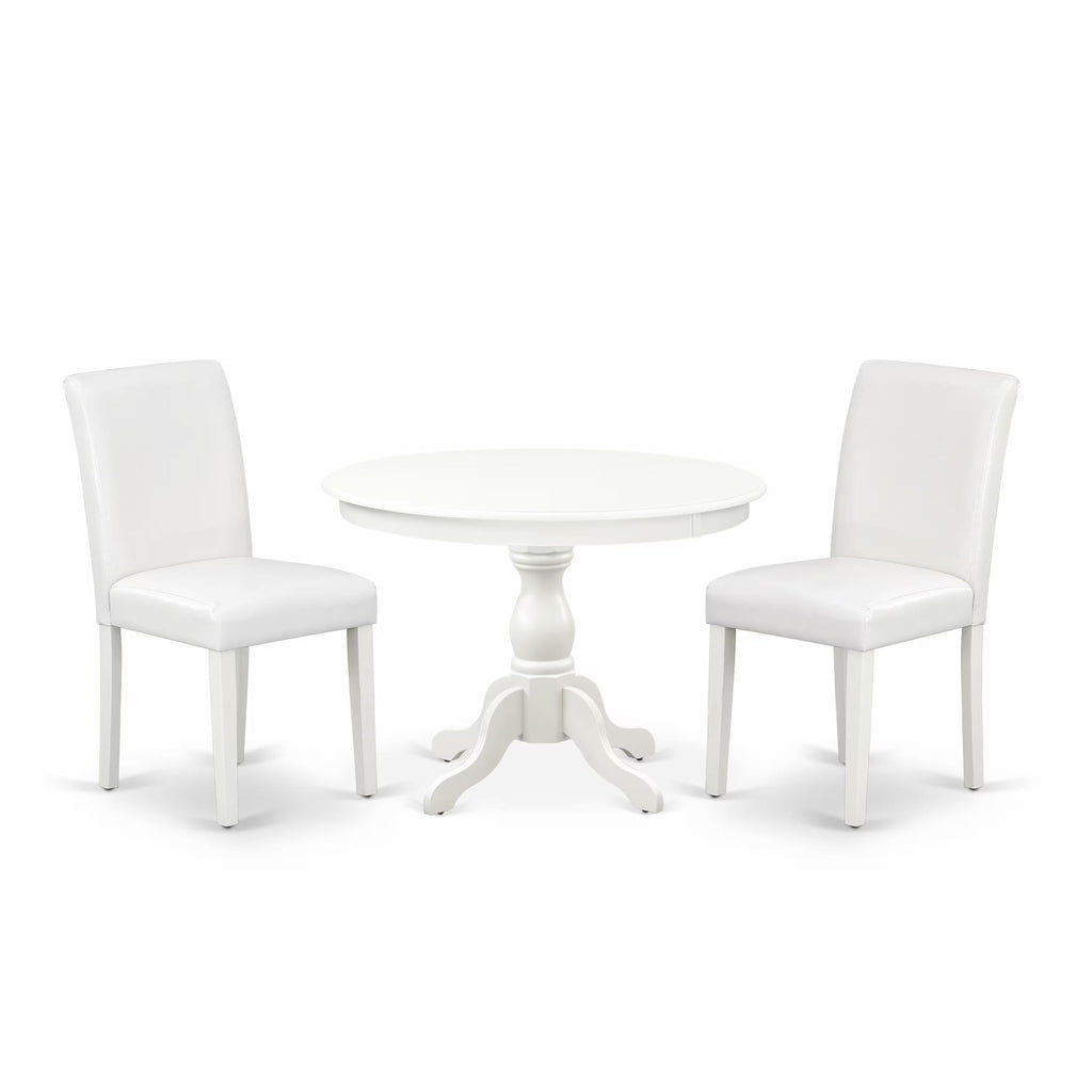 3 Piece Round Dining Table Set with 2 White Faux Leather Chairs P8380