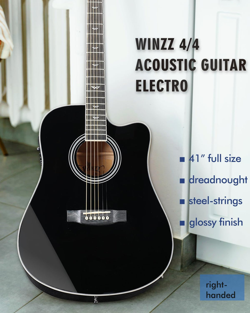 Glossy Black 4/4 Full Size 6 Steel-String Acoustic-Electric Guitar G609909
