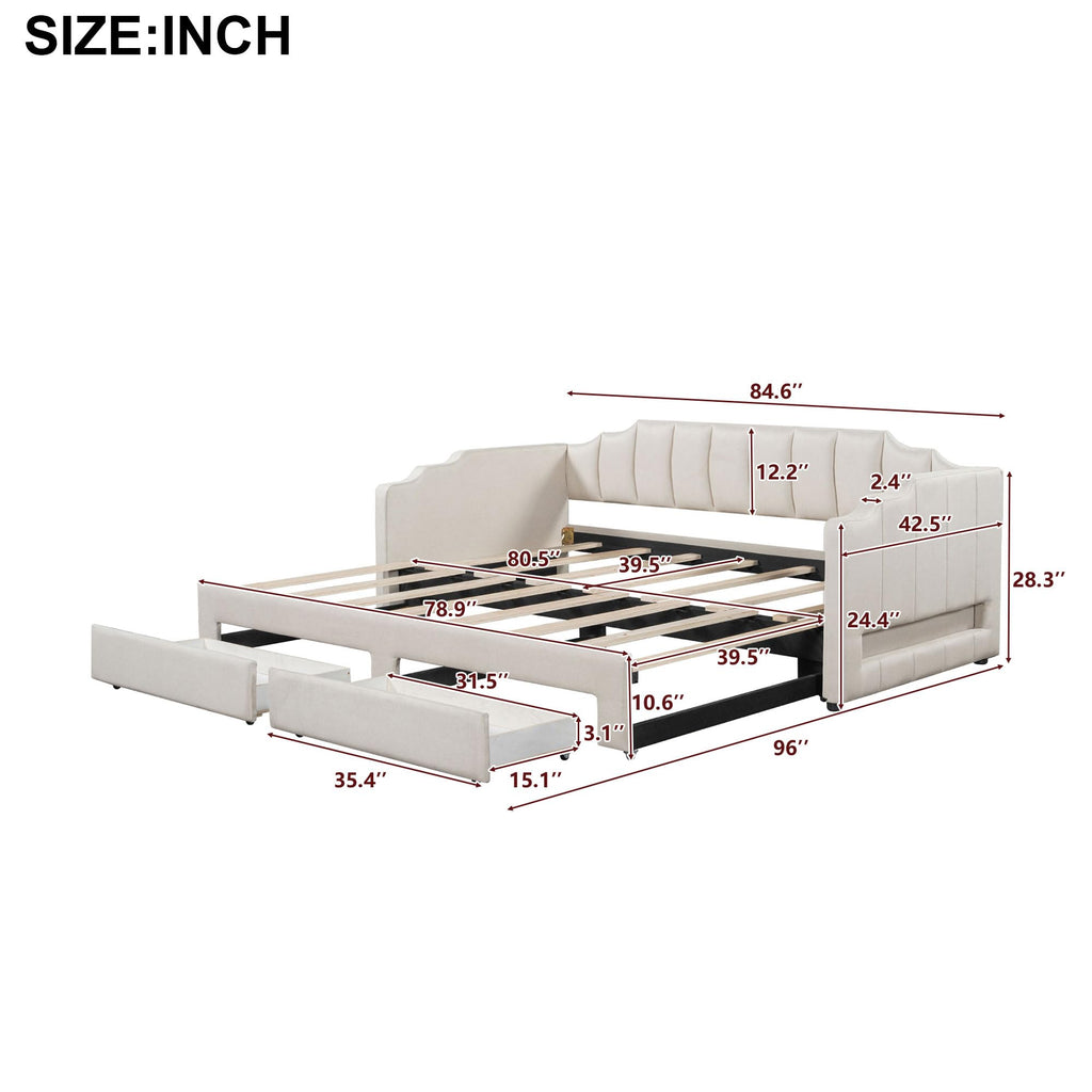 Twin XL to King Size Upholstered Daybed with Trundle and 2 Storage Drawers O660