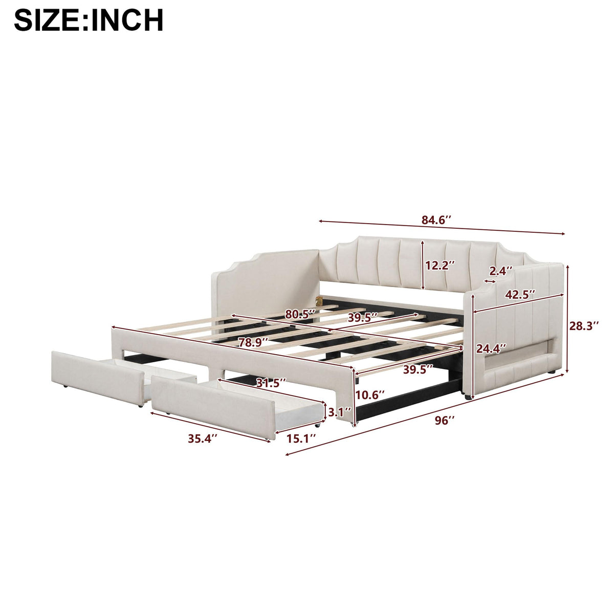 Twin XL to King Size Upholstered Daybed with Trundle and 2 Storage Drawers O660