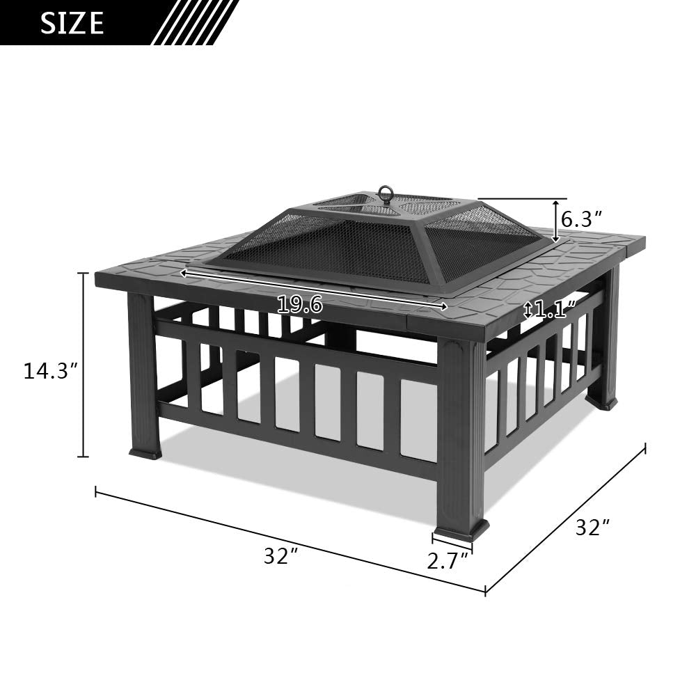 32in Wood Fire Pit with Mesh Lid and Fire Poker X5790
