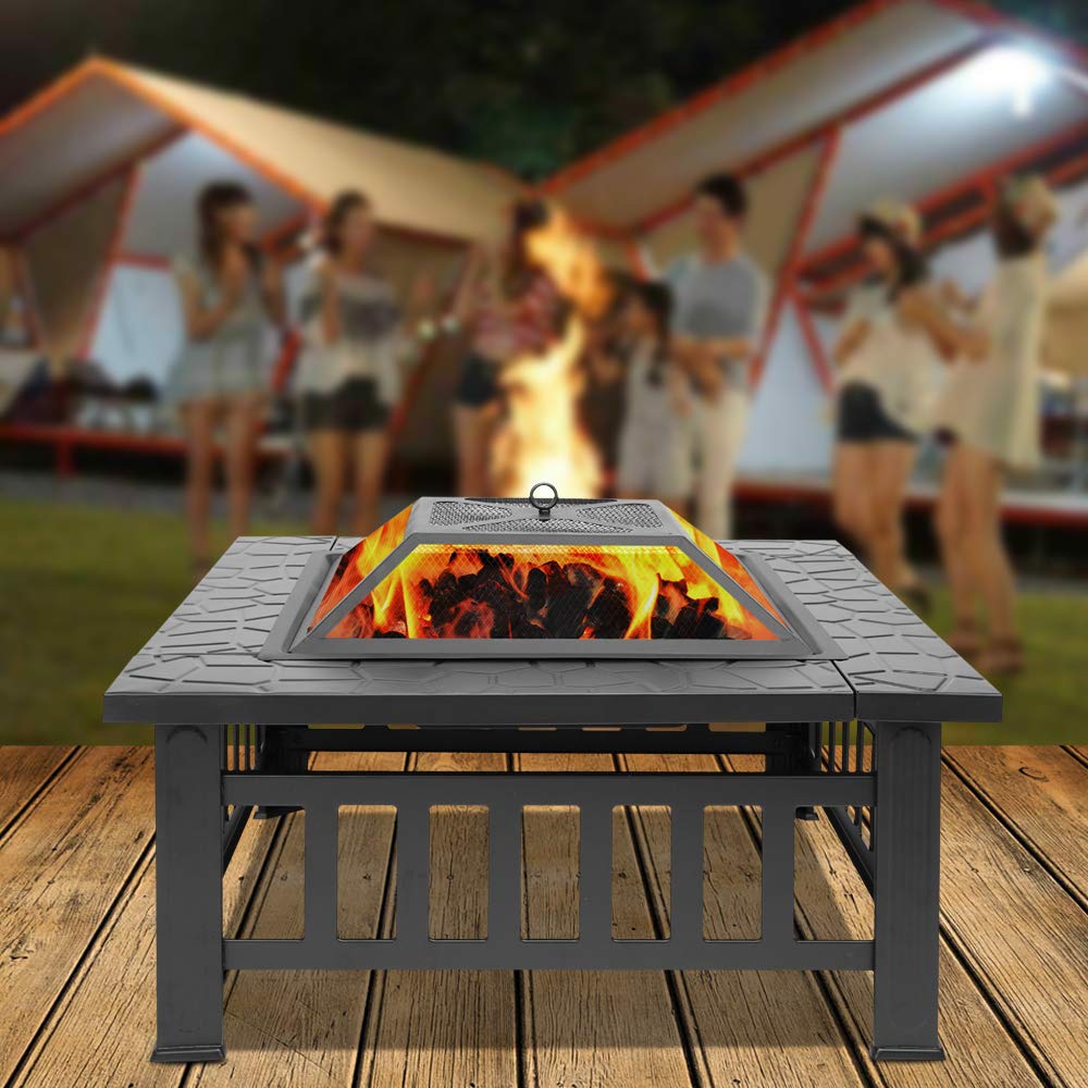 32in Wood Fire Pit with Mesh Lid and Fire Poker X5790