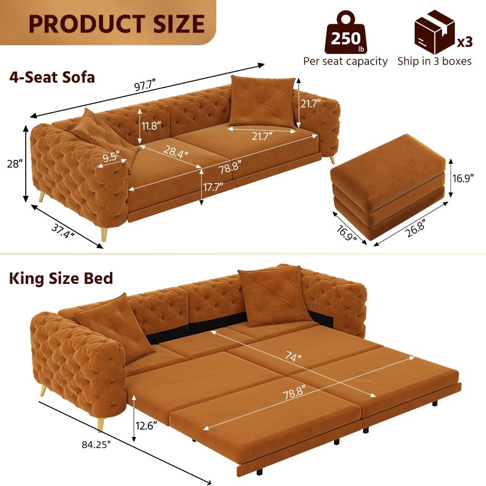 97.7" 3-in-1 Convertible Sleeper Sofa, Tufted Velvet Pull-Out Sofa Bed with Ottoman Q550
