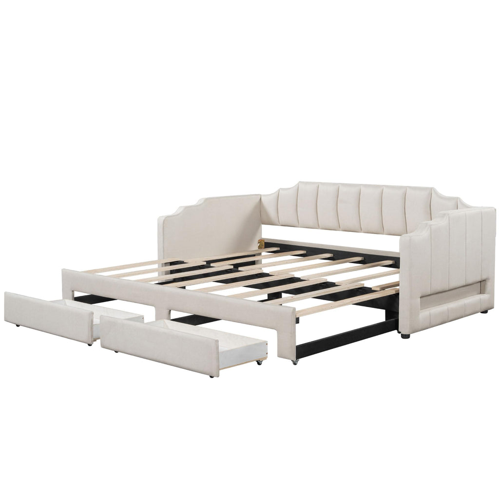 Twin XL to King Size Upholstered Daybed with Trundle and 2 Storage Drawers O660