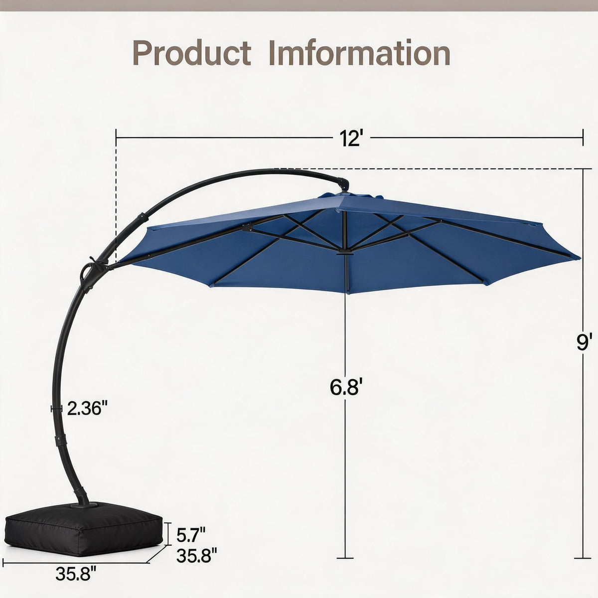12FT Curvy Cantilever Patio Umbrella with Base Y8446