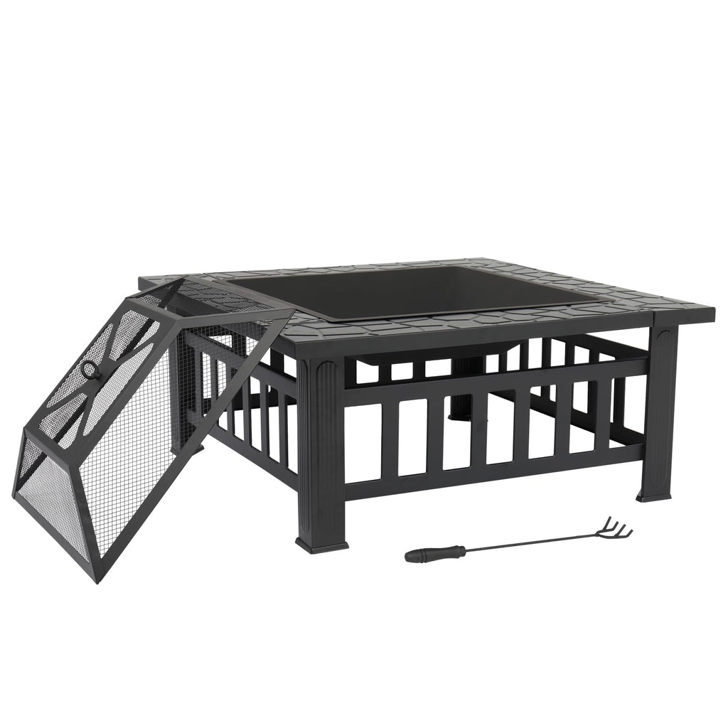 32in Wood Fire Pit with Mesh Lid and Fire Poker X5790