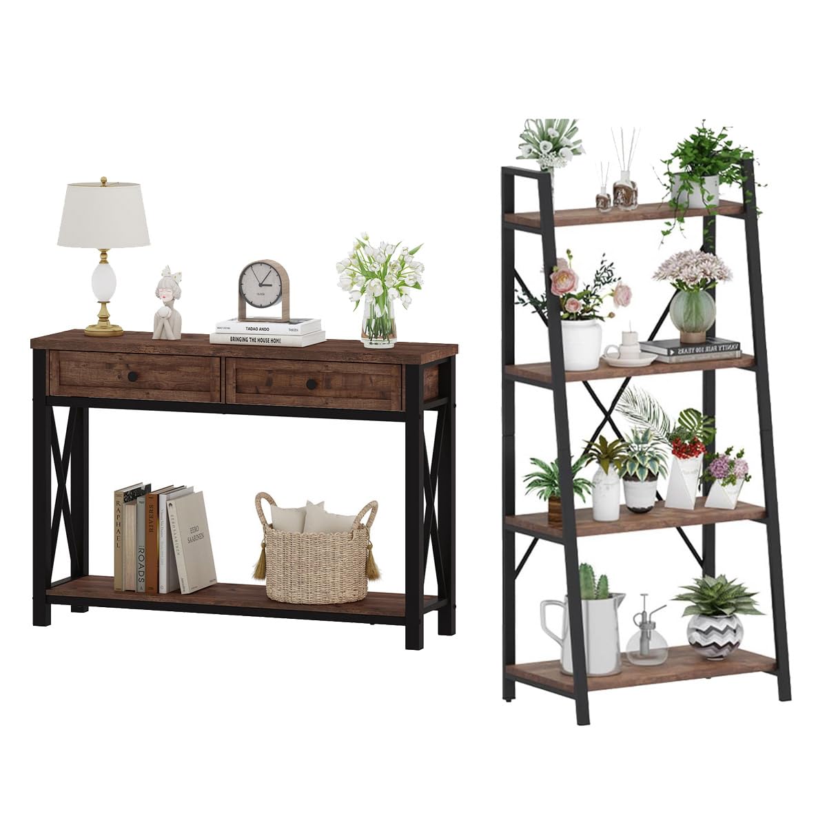 Rustic Console Table with 2 Drawers and 4-Tier Ladder Shelf V17730