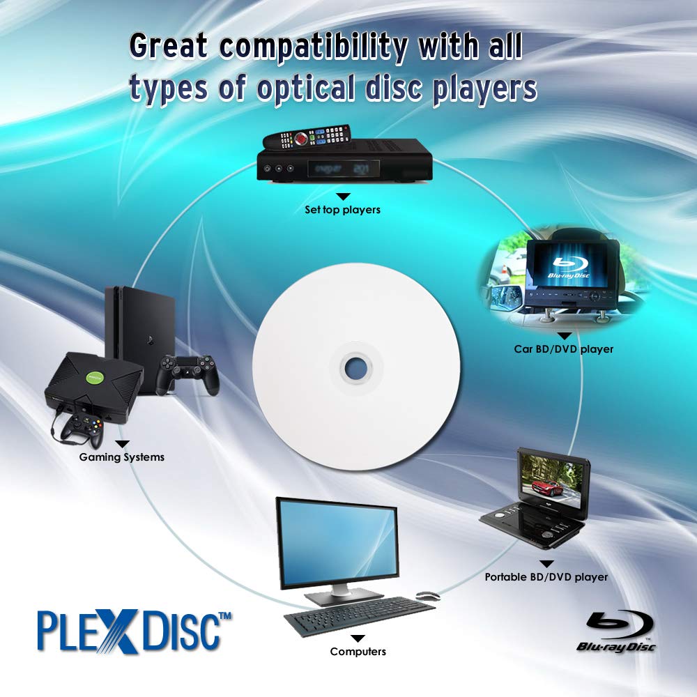 Water Resistant Glossy White Inkjet Printable BD-R DL 6x 50GB Blu-ray 10 Disc Spindle B210653
