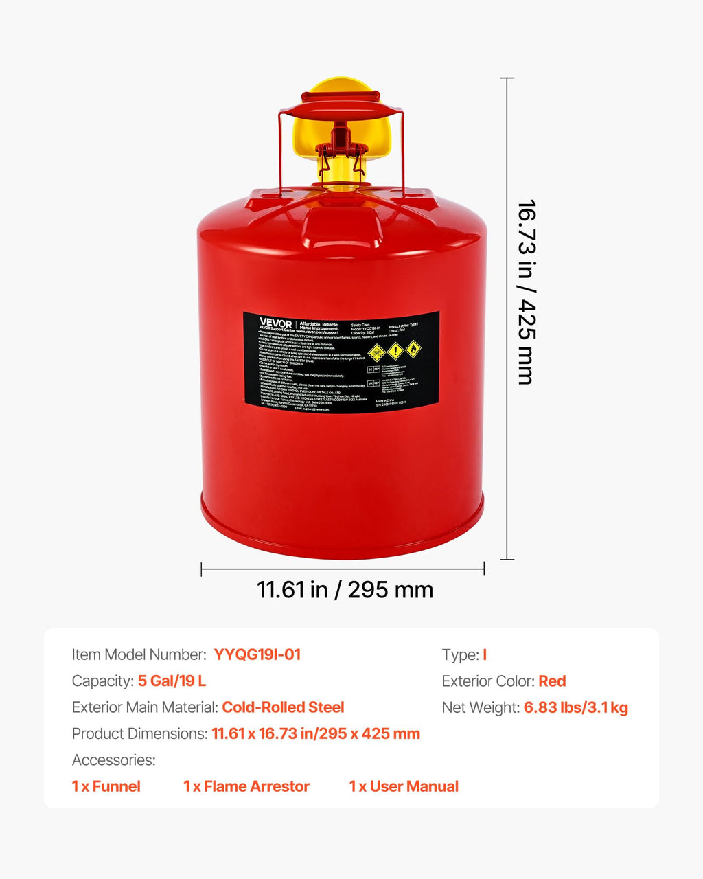 5 Gallon Red Metal Safety Gas Can with Flame Arrester P9764