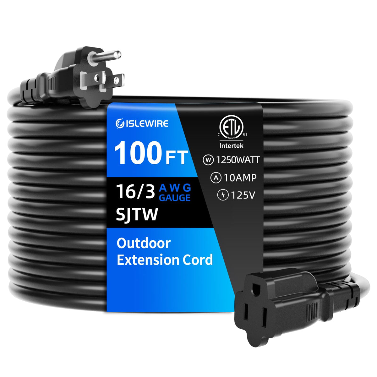 100 FT Waterproof Black 16 AWG Extension Cord S58323