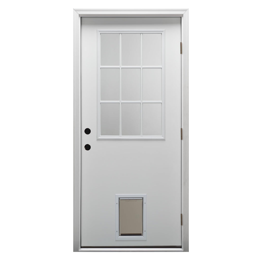 Primed Left Hand Outswing 9 Lite Steel Prehung Front Door with Pet Door Y679