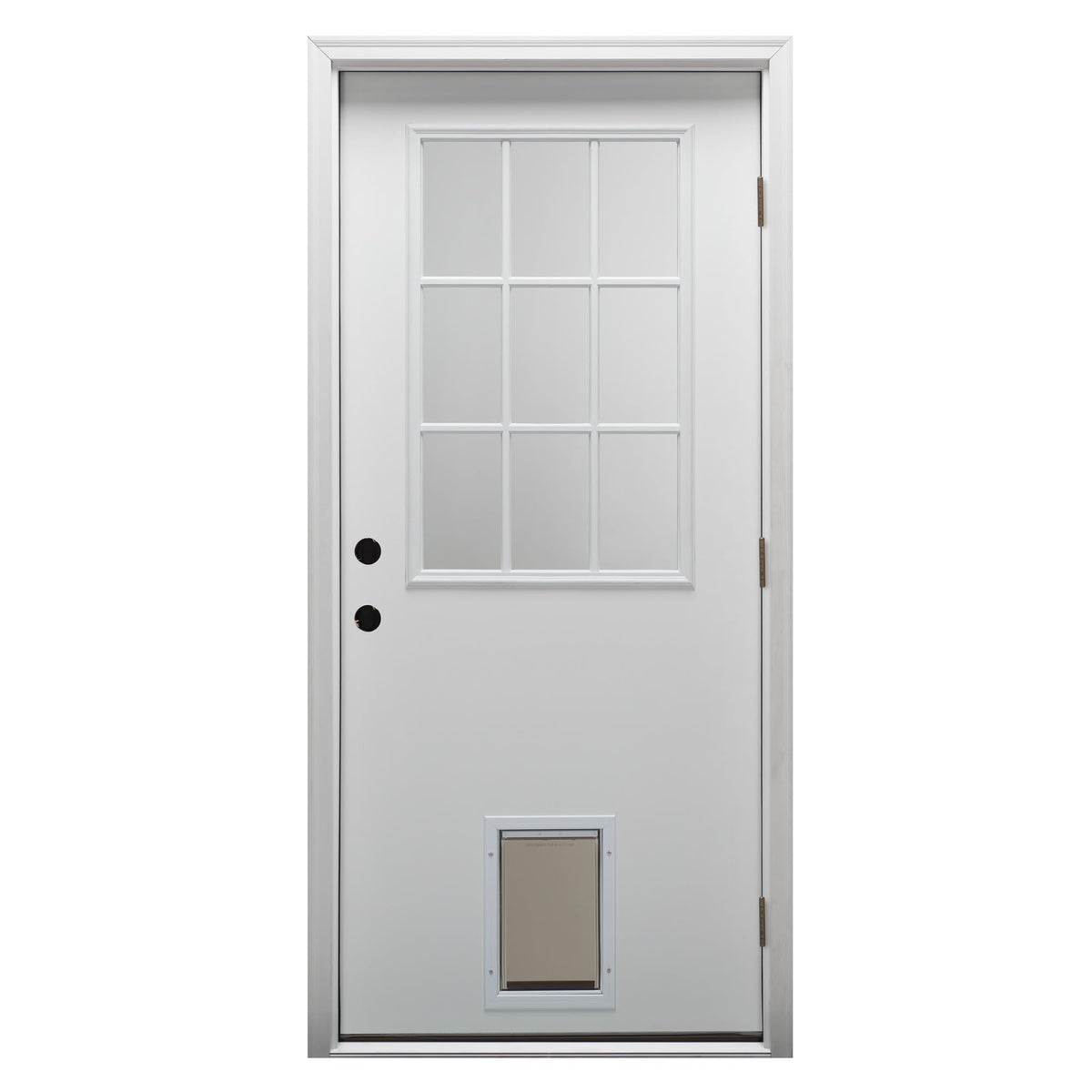 Primed Left Hand Outswing 9 Lite Steel Prehung Front Door with Pet Door Y679