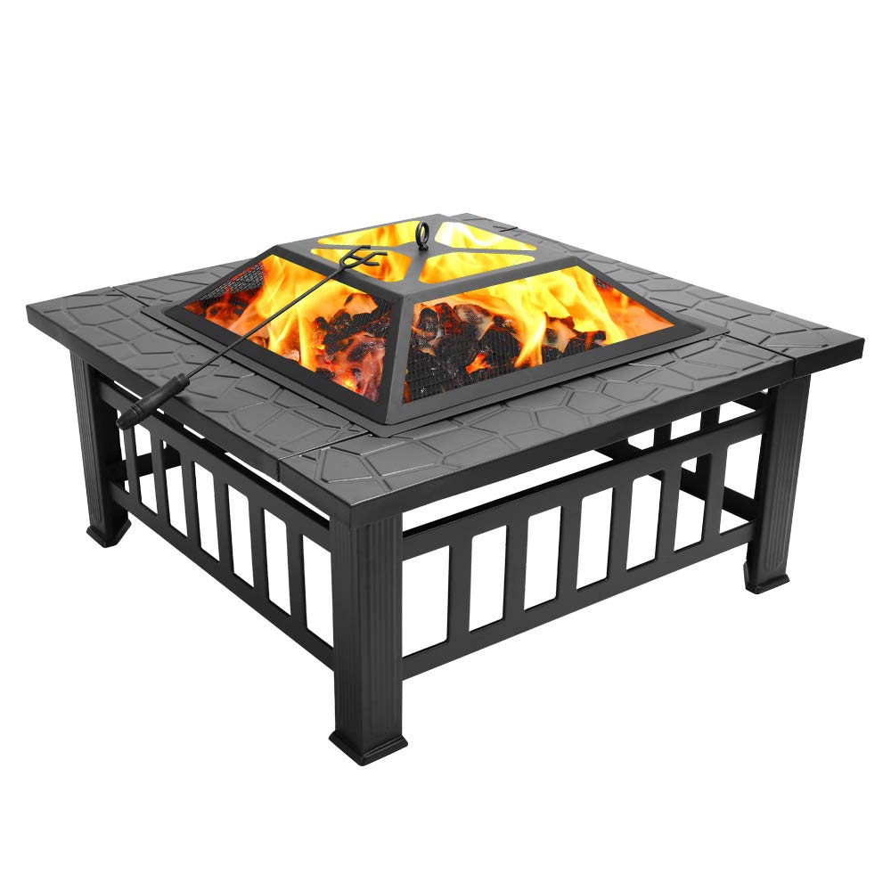 32in Wood Fire Pit with Mesh Lid and Fire Poker X5790