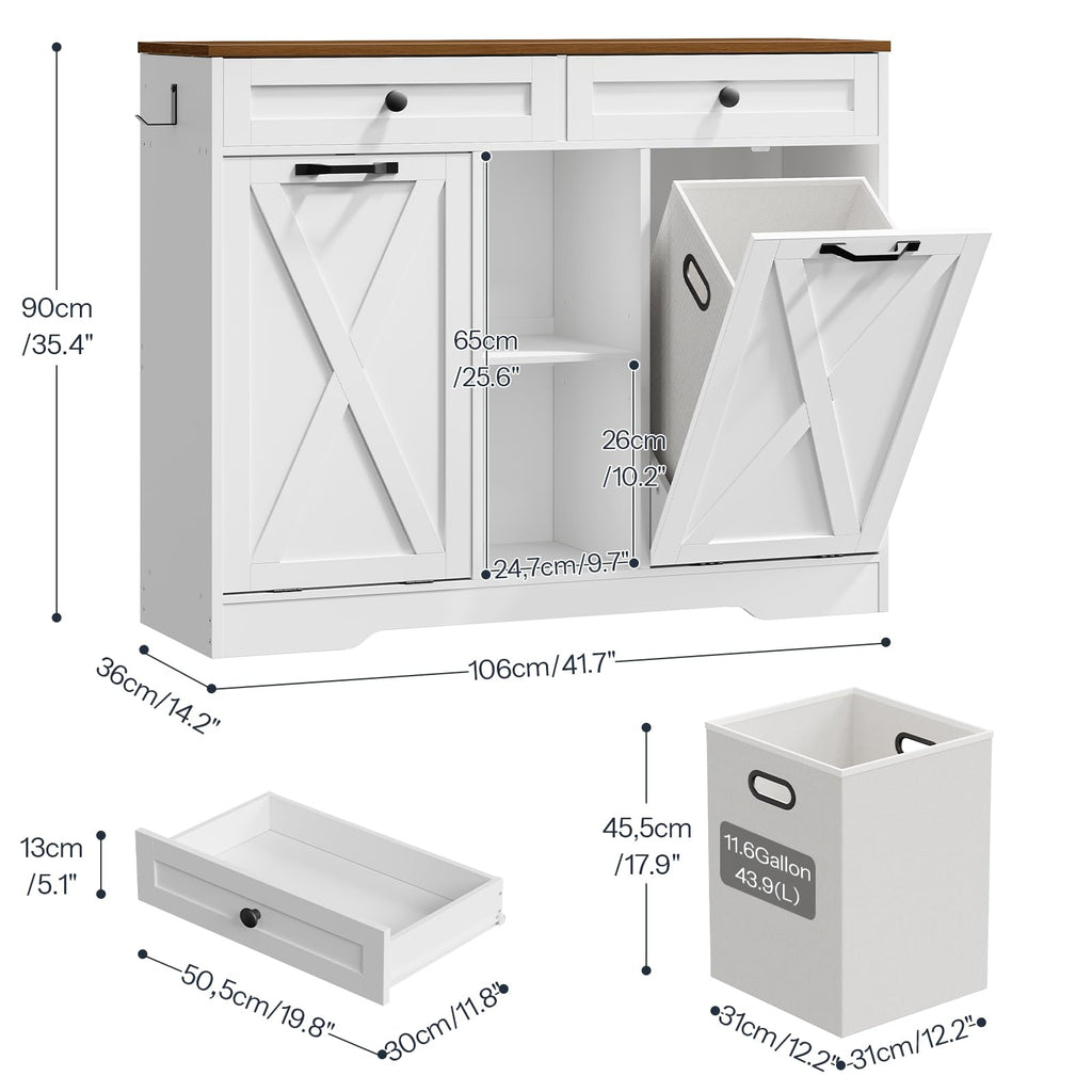 White and Walnut 23 Gallon Laundry Hamper Cabinet with 2 Drawers X8389