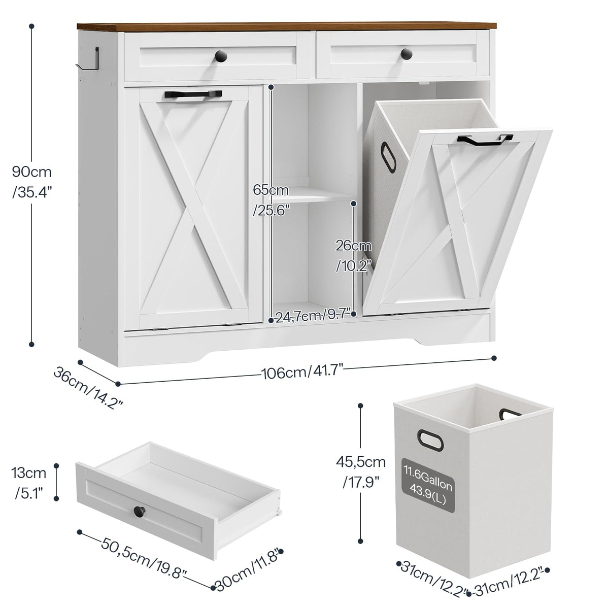 White and Walnut 23 Gallon Laundry Hamper Cabinet with 2 Drawers X8389