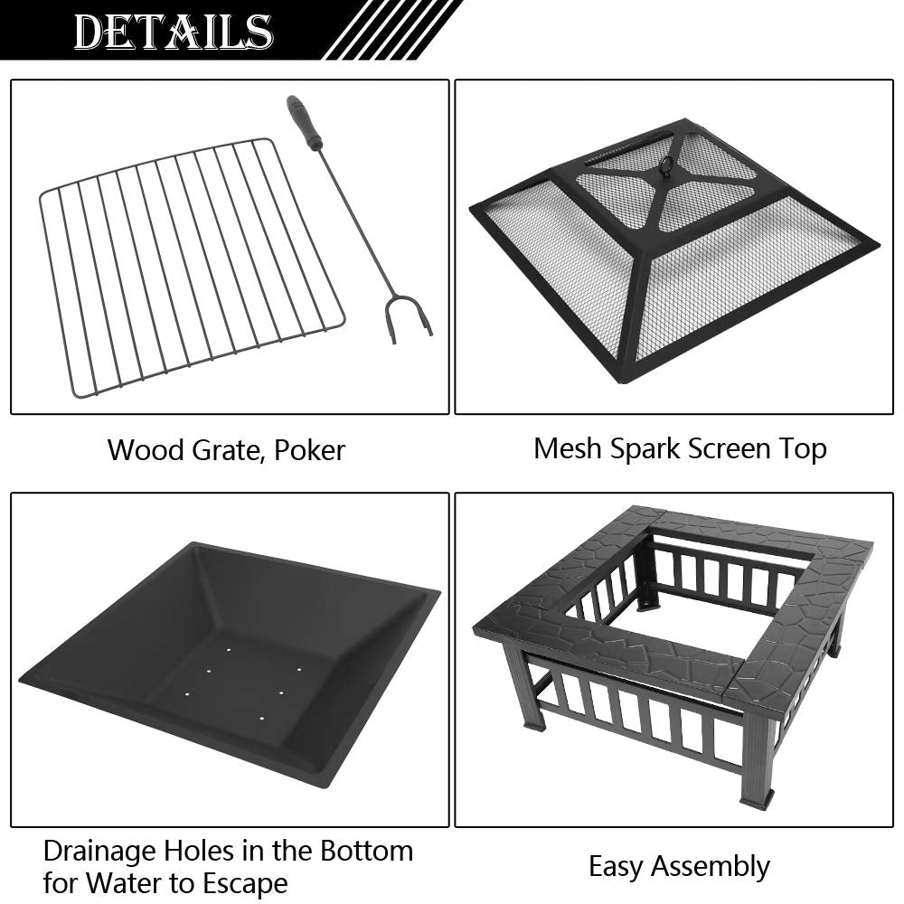 32in Wood Fire Pit with Mesh Lid and Fire Poker X5790
