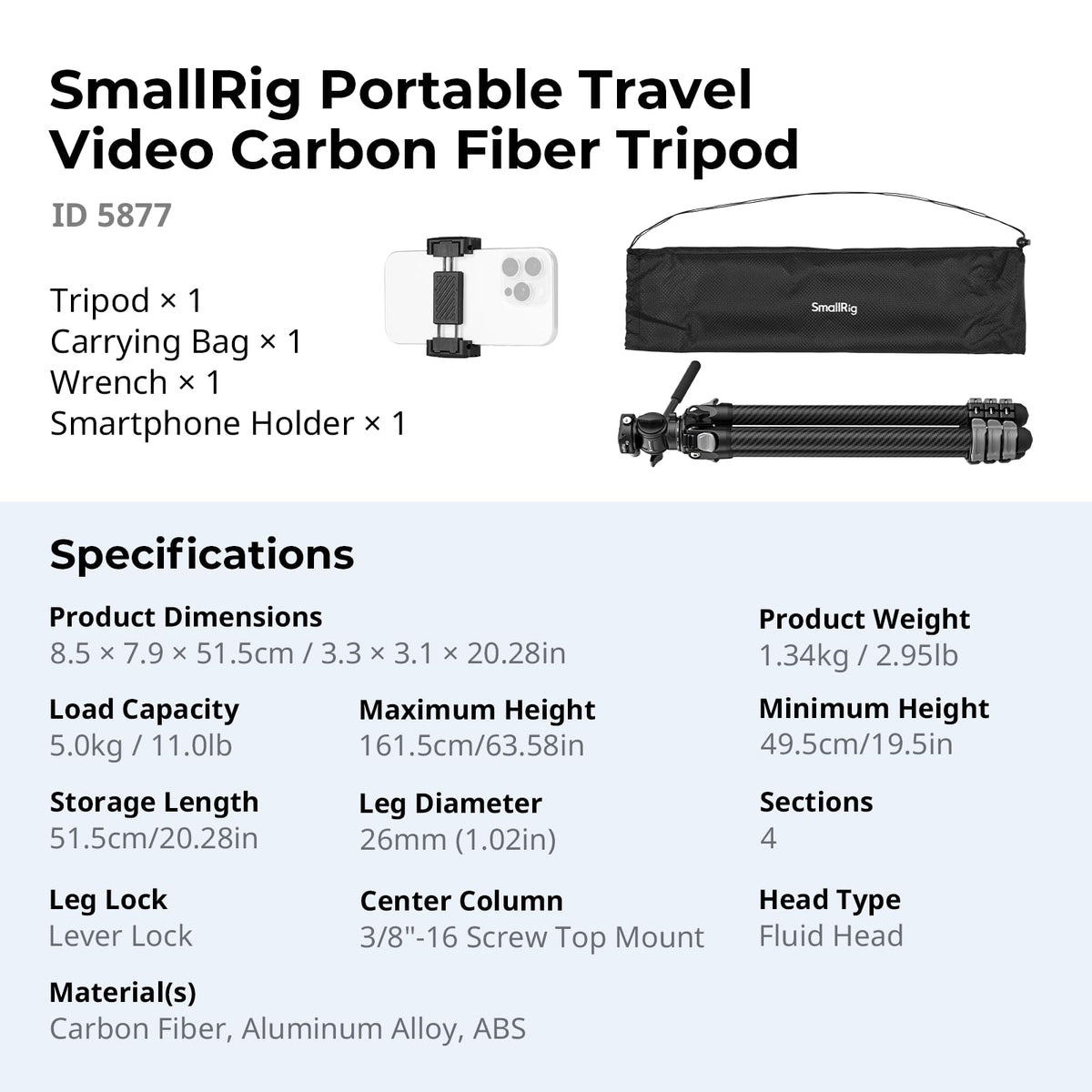 Carbon Fiber Compact Travel Tripod with Fluid Head I11676