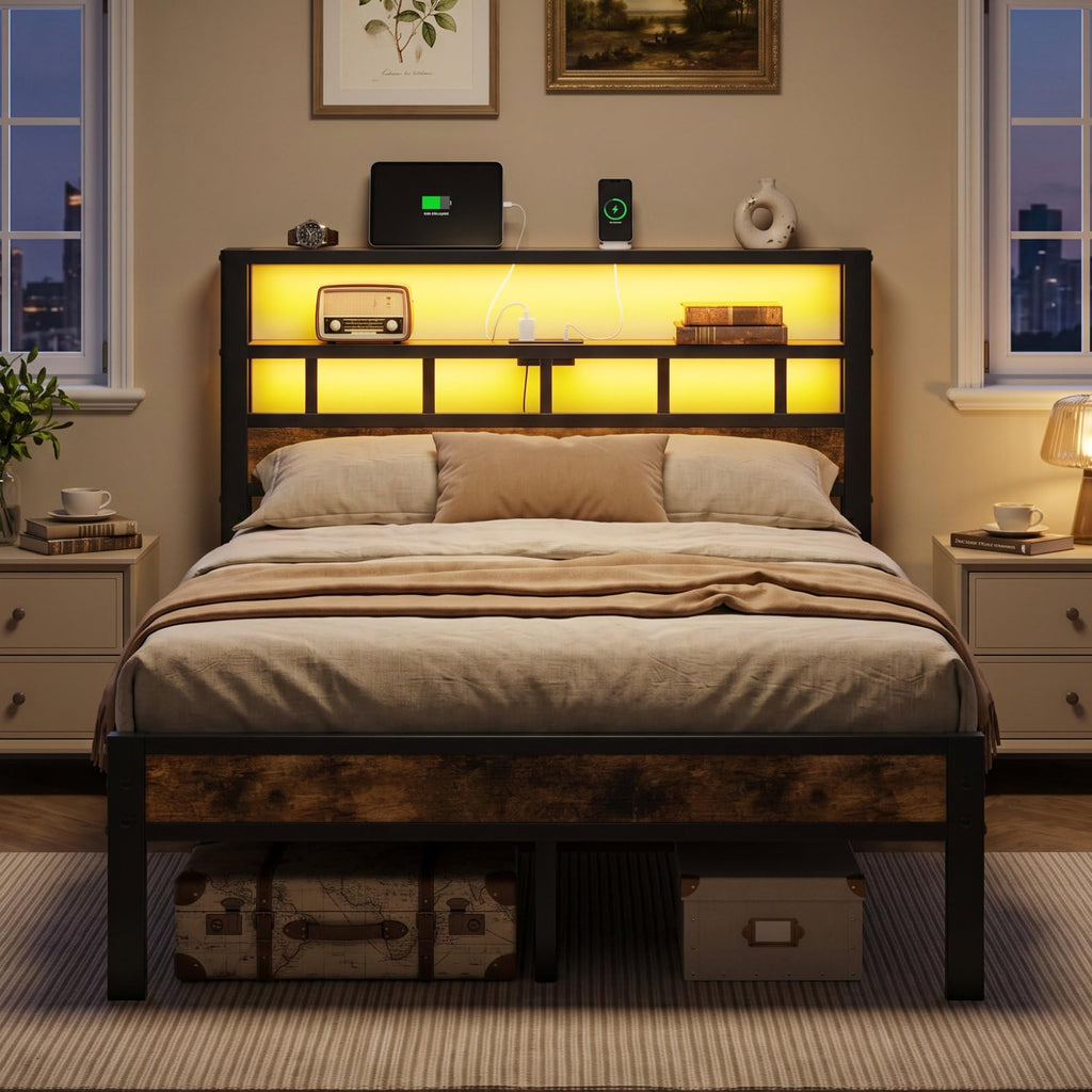 Metal Platform Bed with Charging Station and LED P454