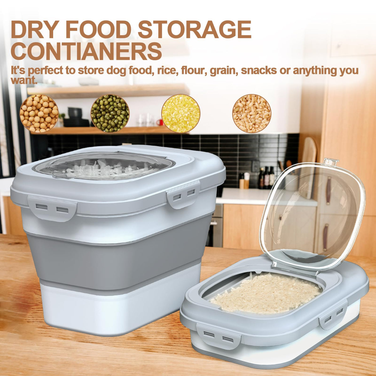 Collapsible Dog Cat Food Storage Container with Scoop Grey H44472