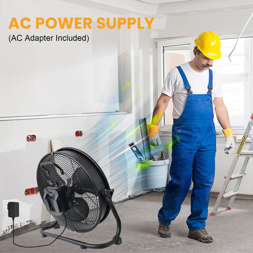 14" Battery Operated Floor Fan with AC Adapter, 1500 CFM Variable Speed Metal Fan U2245