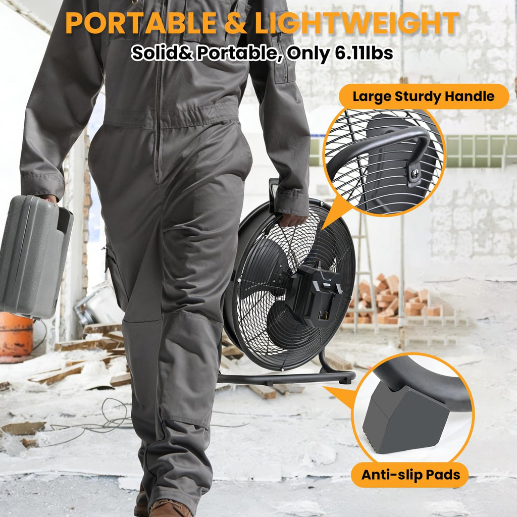 14" Battery Operated Floor Fan with AC Adapter, 1500 CFM Variable Speed Metal Fan U2245