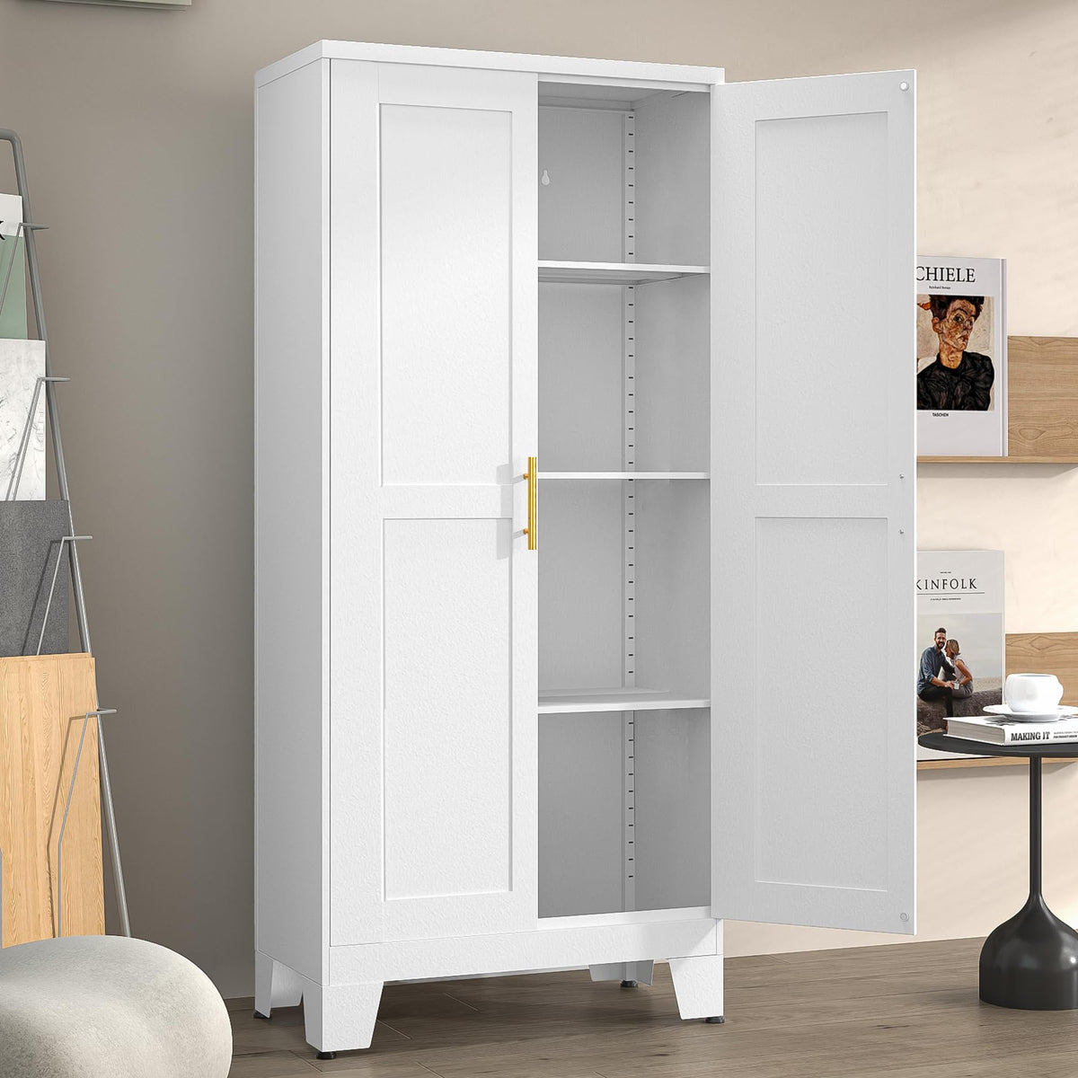 White Metal Pantry Cabinet with 2 Doors and Adjustable Shelves L872