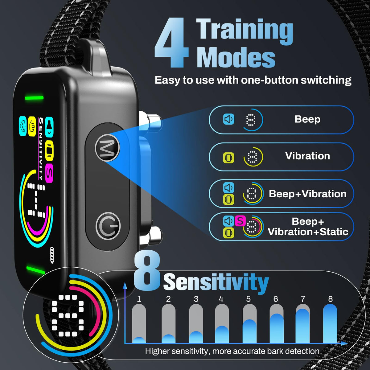 Smart AI Bark Collar with Beep Vibration IP67 Waterproof Jet Black Z91415