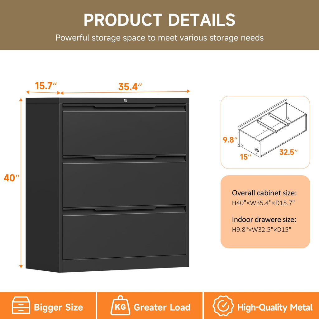 Black 3 Drawer Lockable Metal Lateral File Cabinet C100426