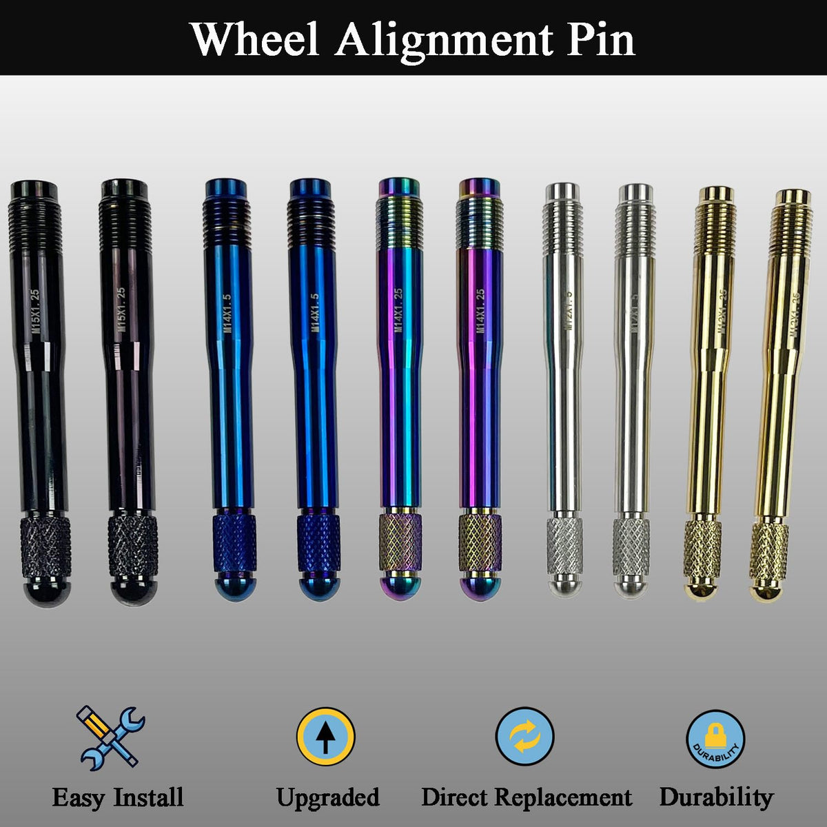 10PC Alloy Steel Wheel Alignment Pins Kit M12x1.5/1.25/M14x1.5/1.25/M15*1.25 Lug Bolt Guide Tool L207627
