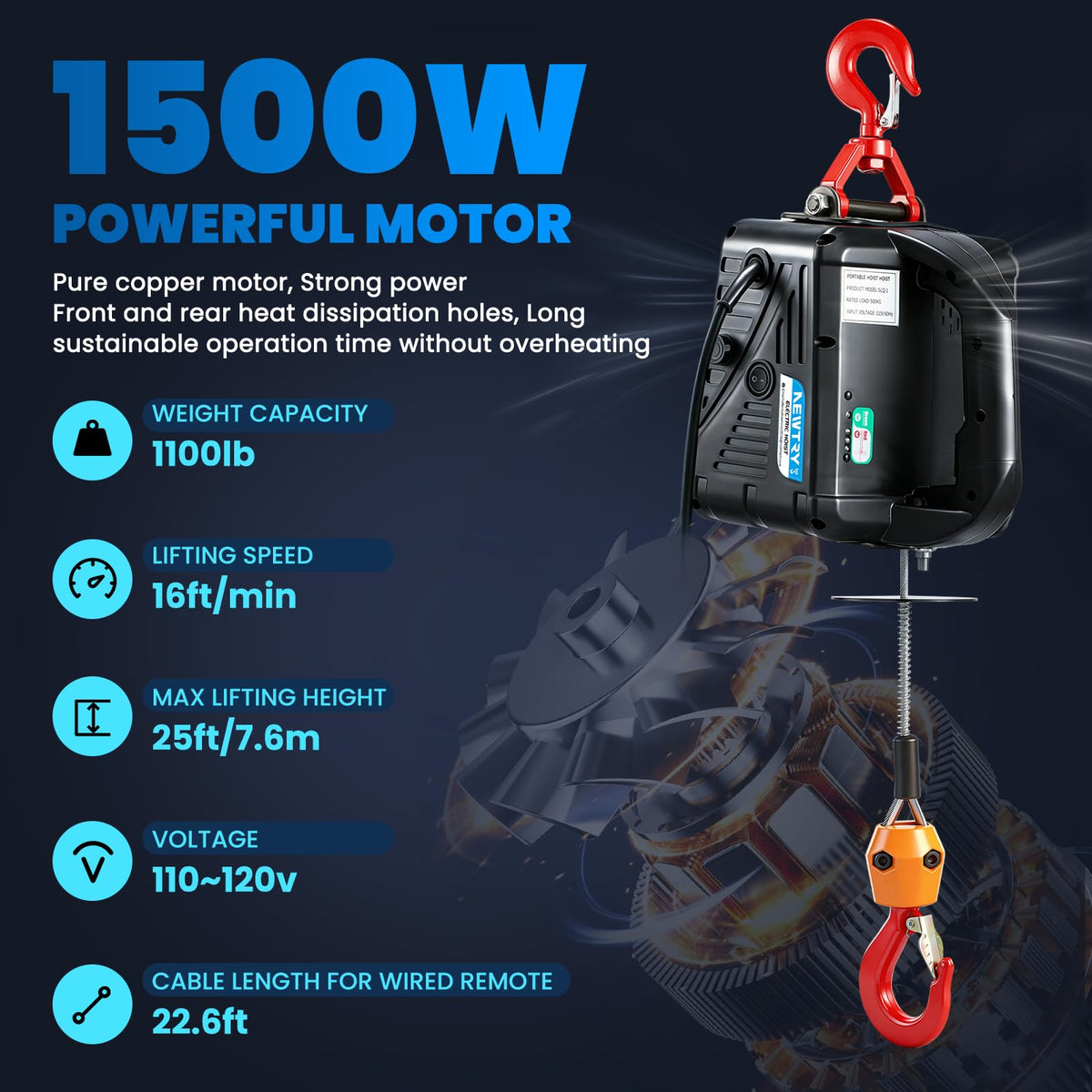 3-in-1 Electric Hoist Winch 1,100lbs 25ft Lifting Height A942999
