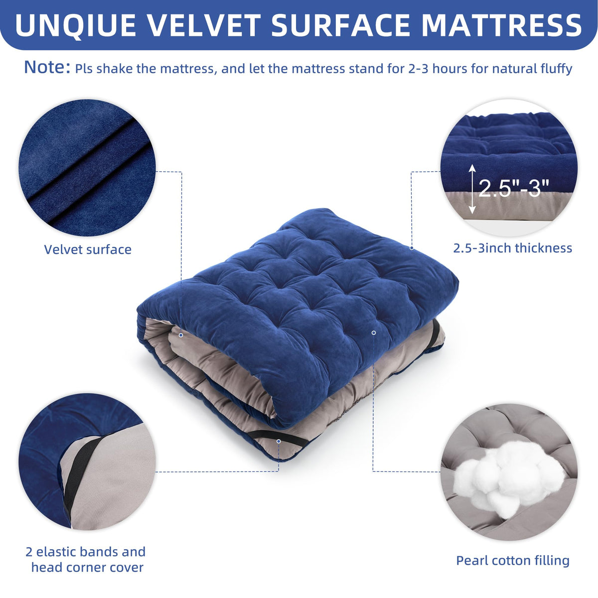 Blue Camping Cot with Cushion, Pillow and Carry Bag E57134
