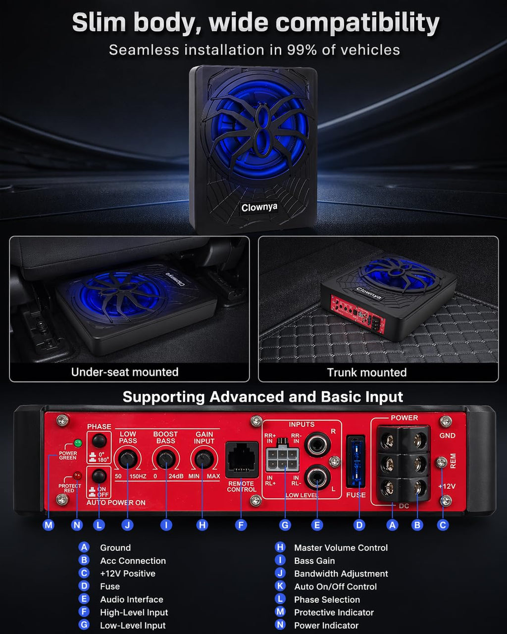 1200W Slim Under-Seat Powered Car Subwoofer with Built-in Amp R659777