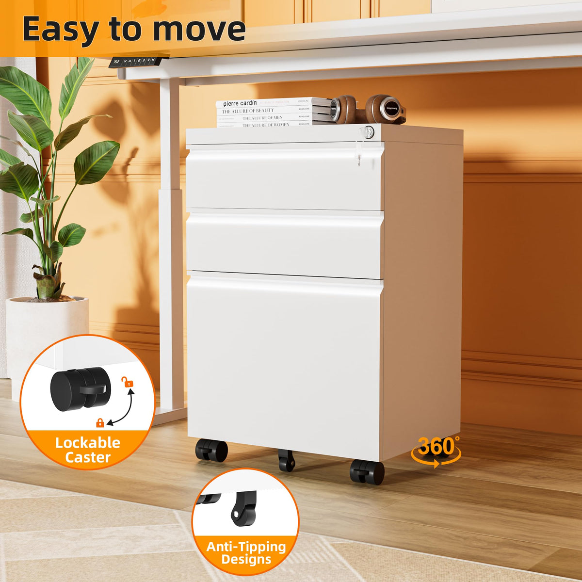 White 3 Drawer Filing Cabinet with Lock J950