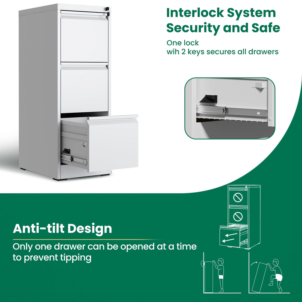 White 3 Drawer Metal File Cabinet with Lock T9136