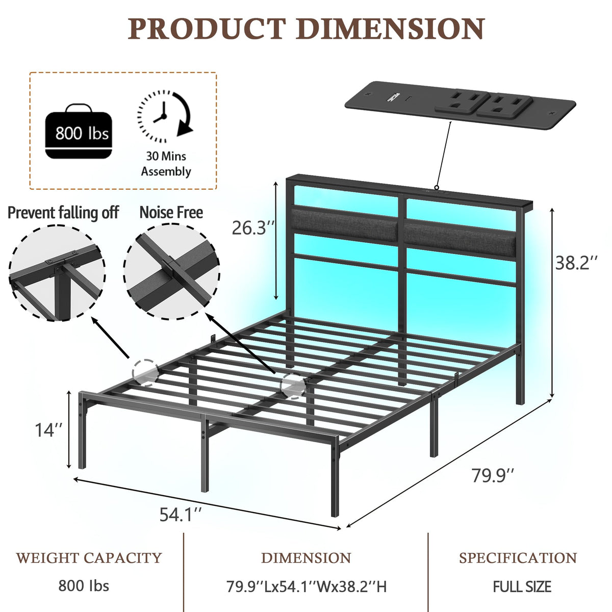 Full Size Black Platform Bed with LED Lights & Charging C798