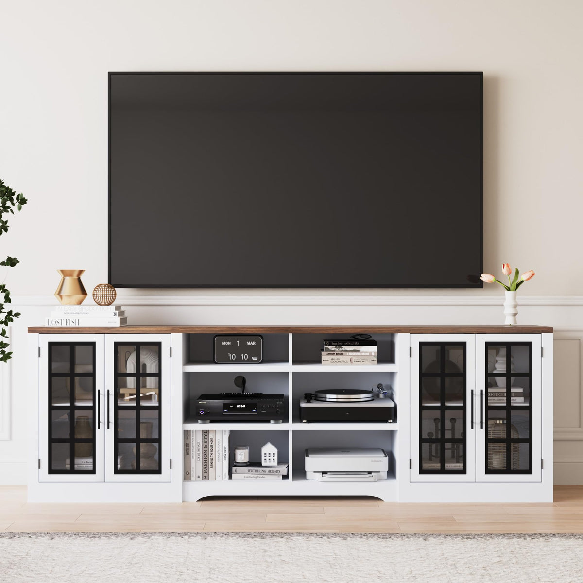 White Black TV Stand with 2 Cabinets and 3-Tier Shelves P67481