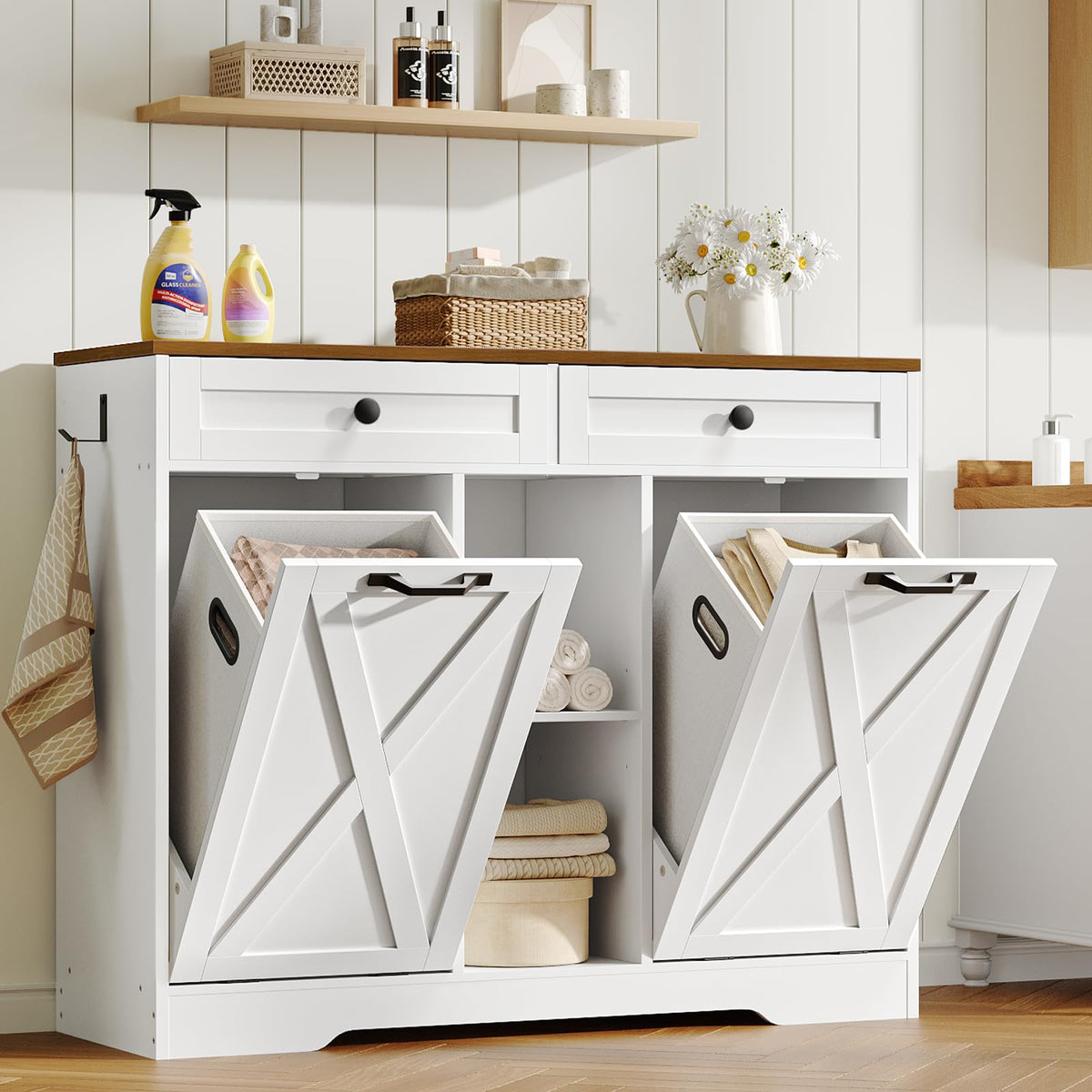 White and Walnut 23 Gallon Laundry Hamper Cabinet with 2 Drawers X8389