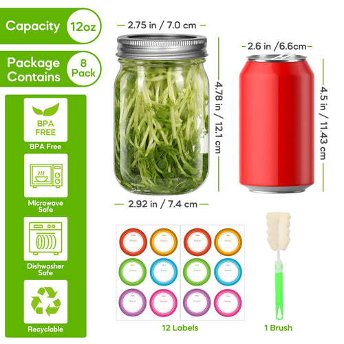 12 oz 8 Pack Regular Mouth Glass Mason Jars with Airtight Lids H891103
