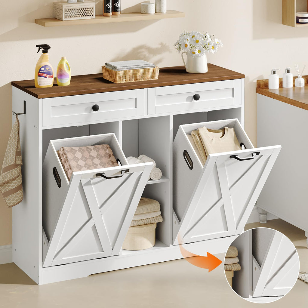 White and Walnut 23 Gallon Laundry Hamper Cabinet with 2 Drawers X8389