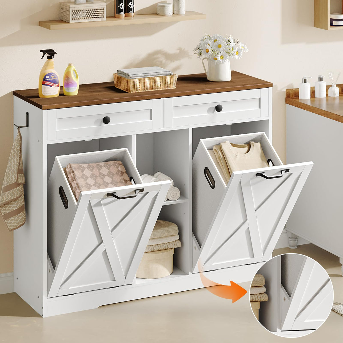 White and Walnut 23 Gallon Laundry Hamper Cabinet with 2 Drawers X8389