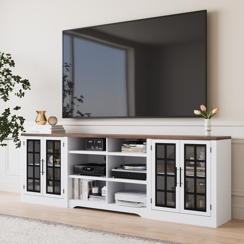 White Black TV Stand with 2 Cabinets and 3-Tier Shelves P67481