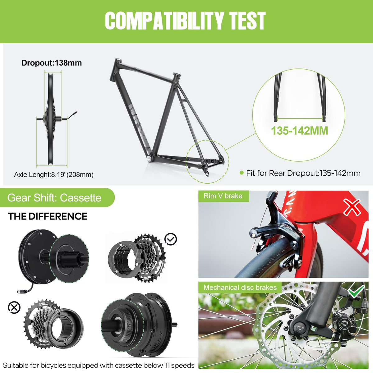 48V 1000W Electric Bike Conversion Kit Rear Wheel Hub Motor Q14203