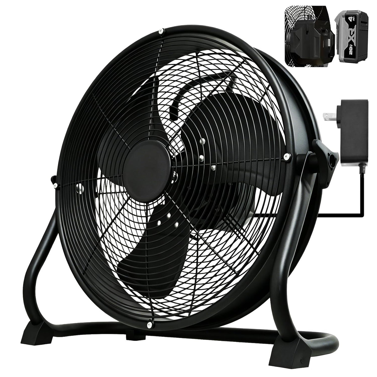 14" Battery Operated Floor Fan with AC Adapter, 1500 CFM Variable Speed Metal Fan U2245