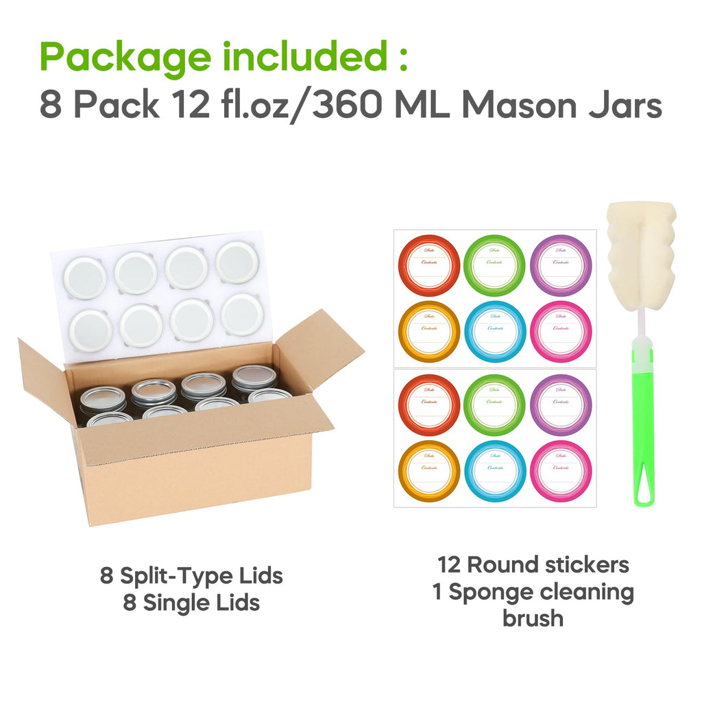 12 oz 8 Pack Regular Mouth Glass Mason Jars with Airtight Lids H891103