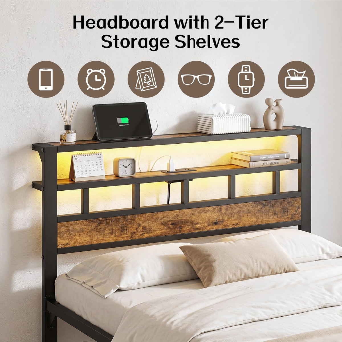 Metal Platform Bed with Charging Station and LED P454