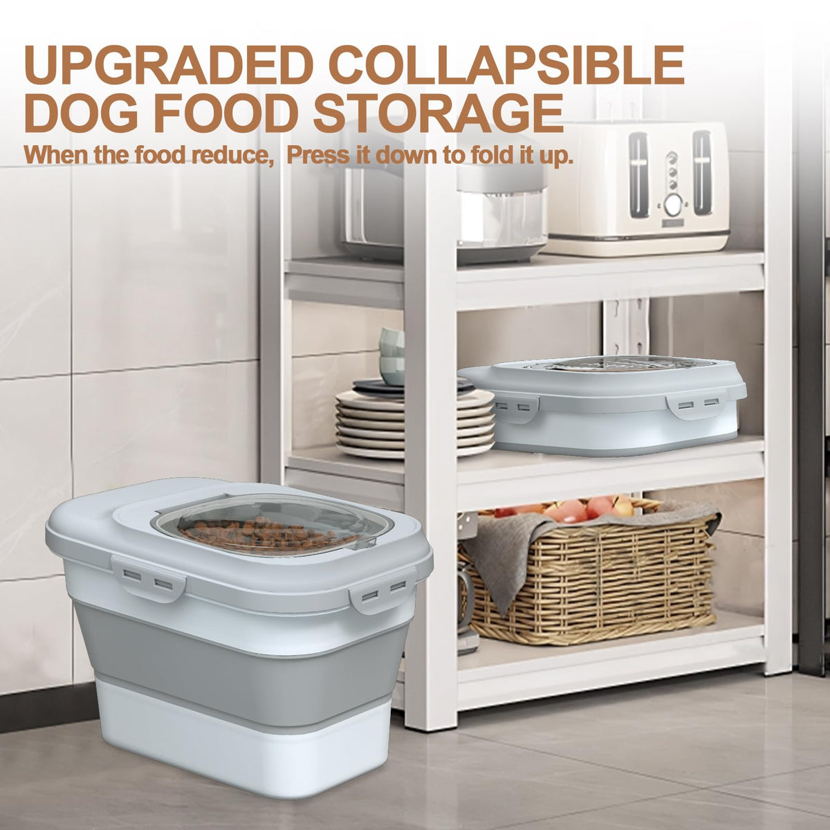 Collapsible Dog Cat Food Storage Container with Scoop Grey H44472