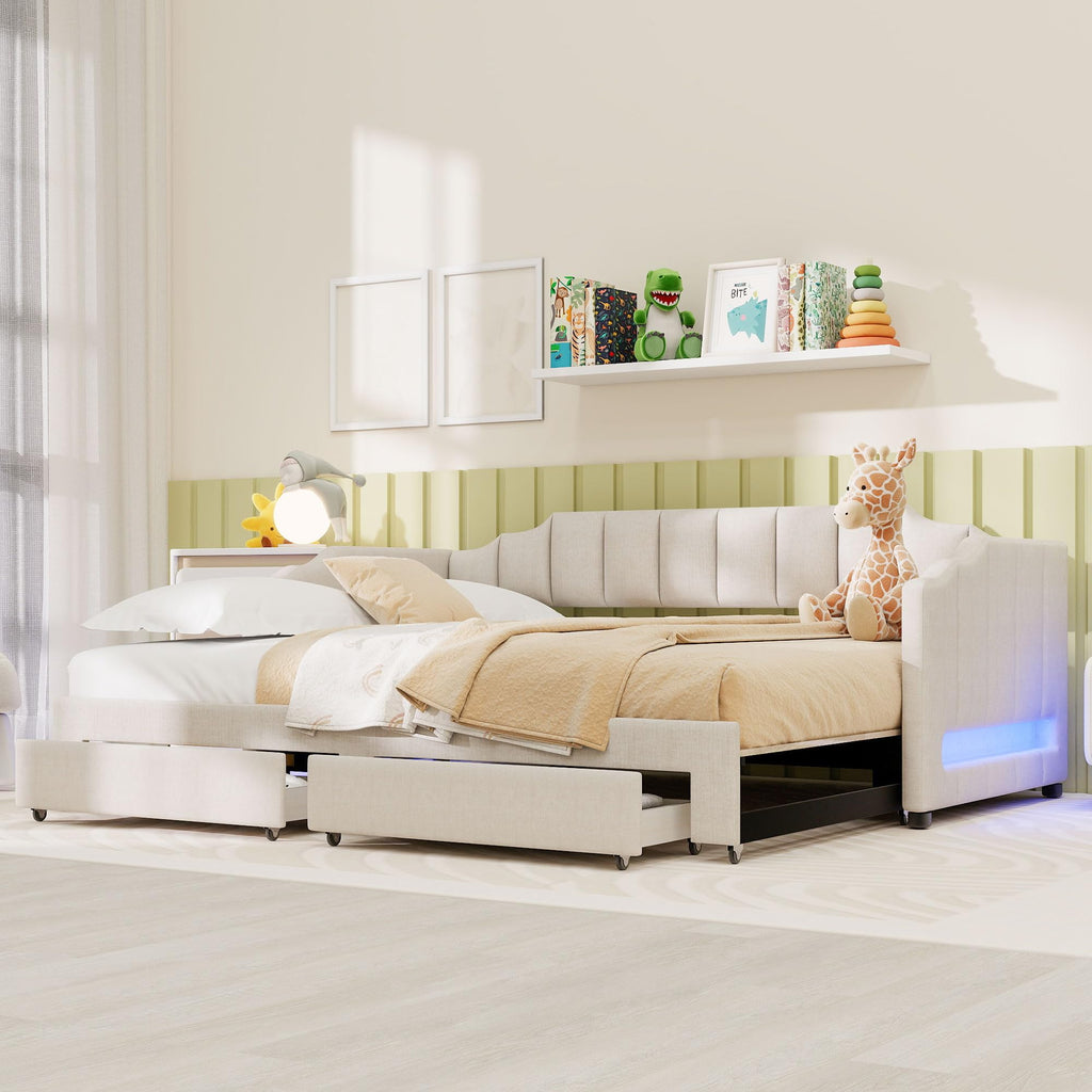 Twin XL to King Size Upholstered Daybed with Trundle and 2 Storage Drawers O660