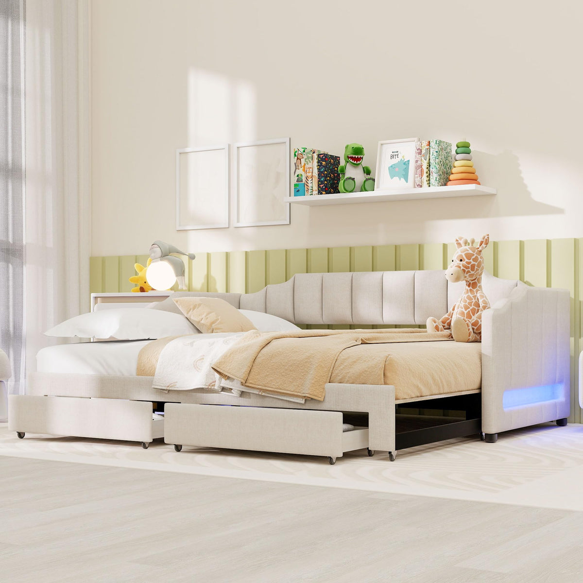 Twin XL to King Size Upholstered Daybed with Trundle and 2 Storage Drawers O660