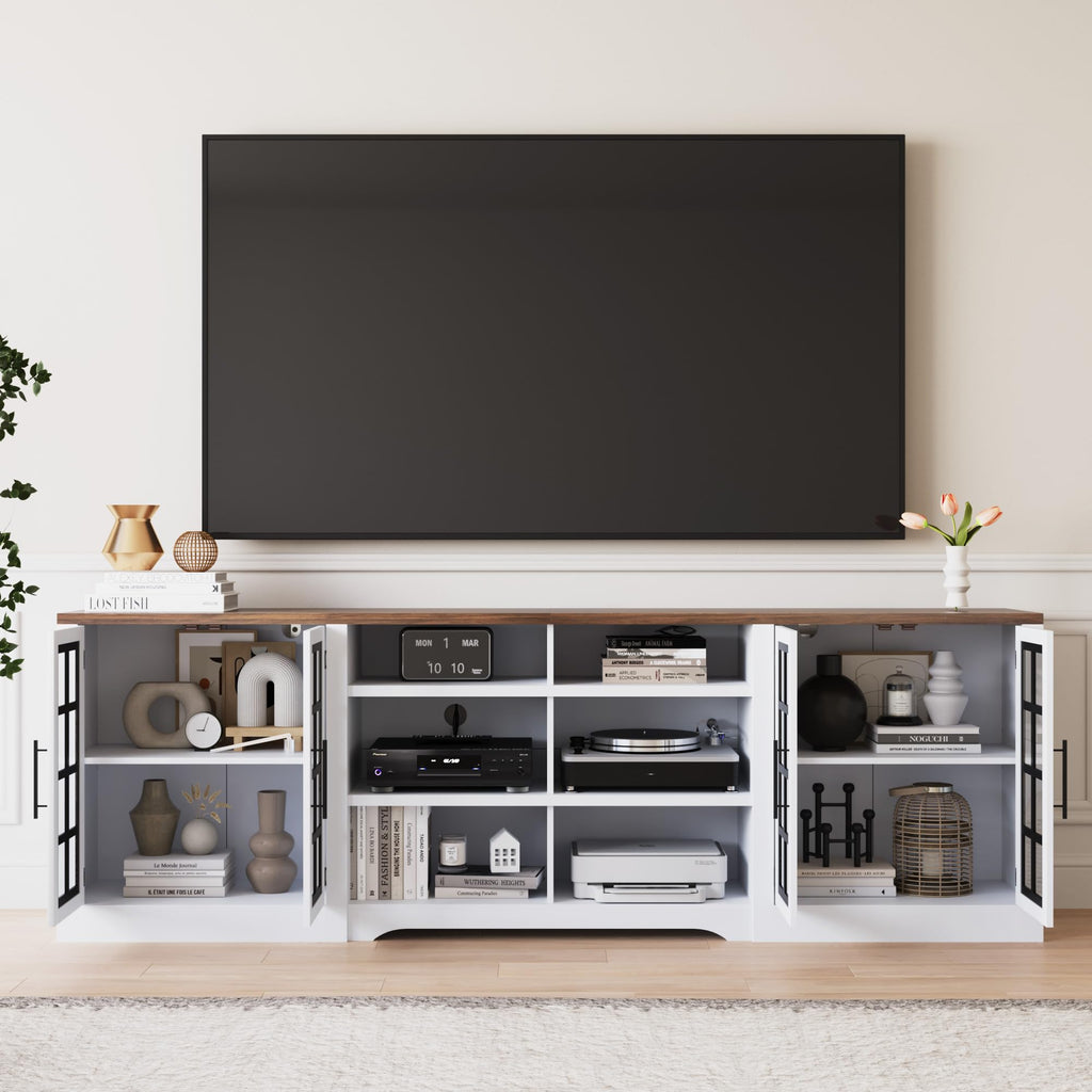 White Black TV Stand with 2 Cabinets and 3-Tier Shelves P67481